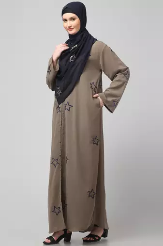 all over and hijab star embroidery front open abaya