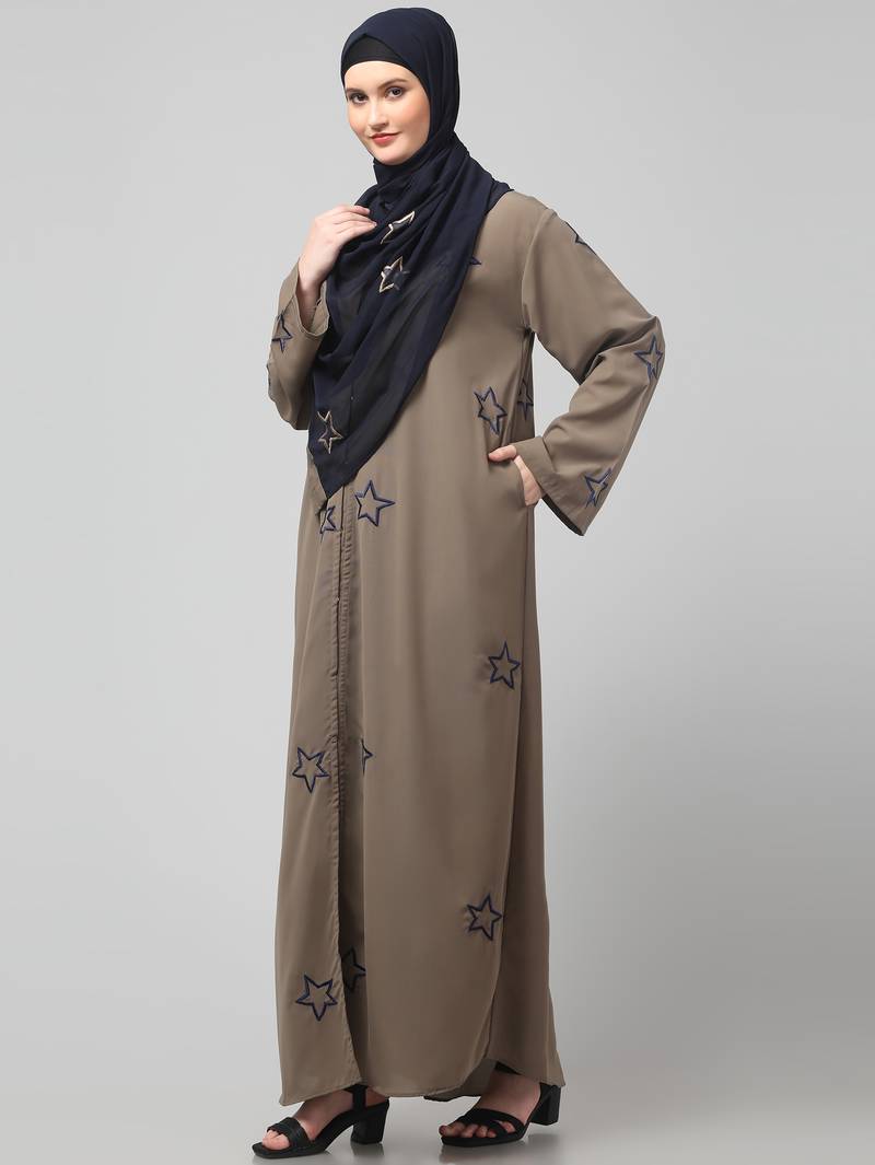 all over and hijab star embroidery front open abaya