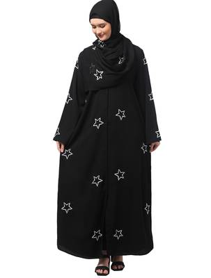 all over and hijab star embroidery front open abaya 1