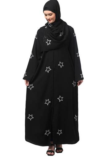 all over and hijab star embroidery front open abaya