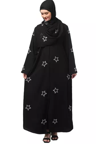 all over and hijab star embroidery front open abaya