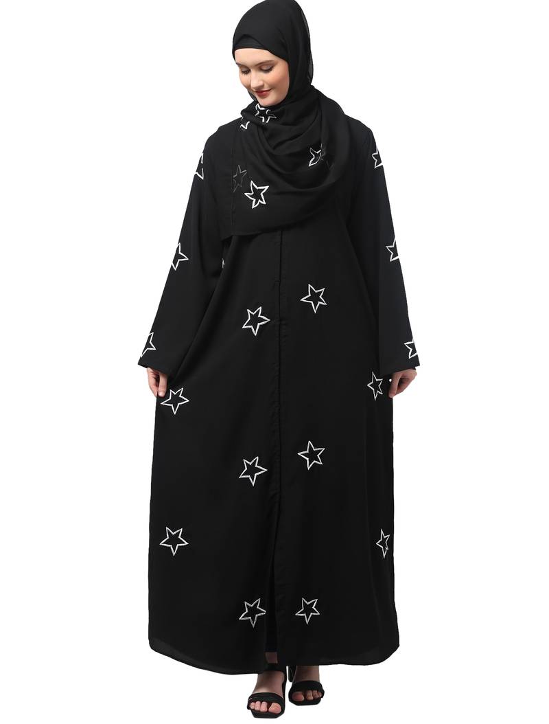 all over and hijab star embroidery front open abaya