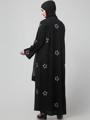 all over and hijab star embroidery front open abaya 2