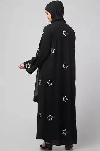 all over and hijab star embroidery front open abaya