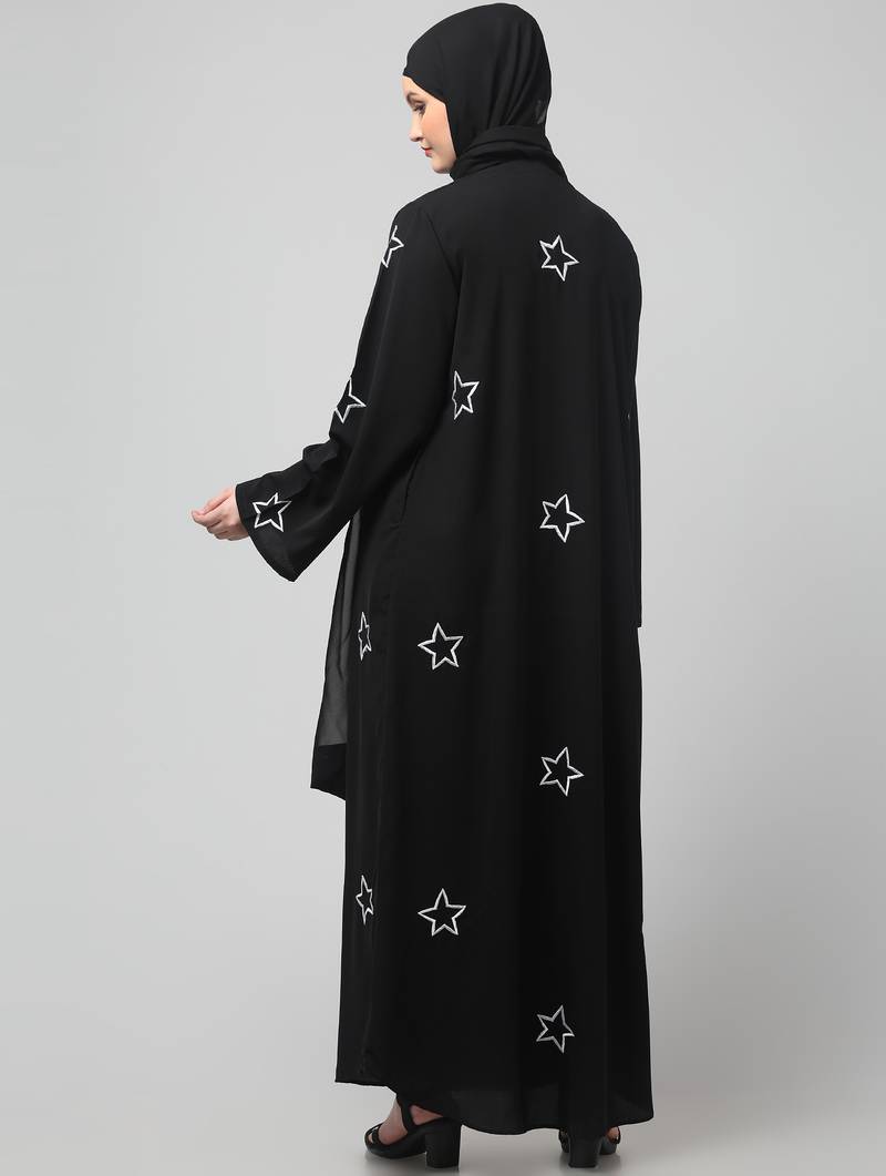 all over and hijab star embroidery front open abaya