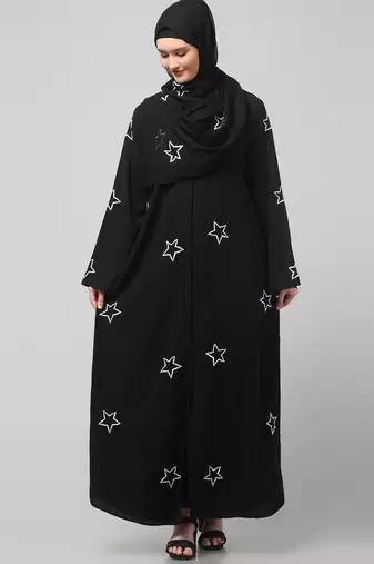all over and hijab star embroidery front open abaya