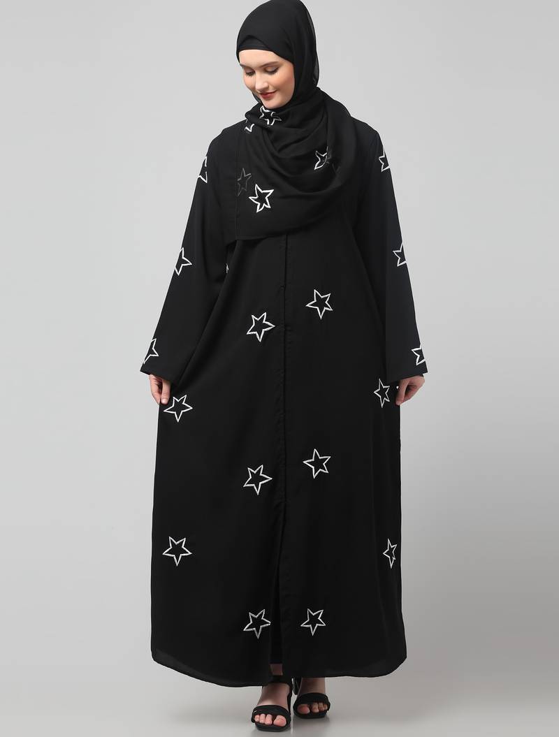 all over and hijab star embroidery front open abaya