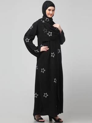all over and hijab star embroidery front open abaya 4