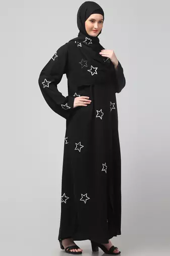 all over and hijab star embroidery front open abaya