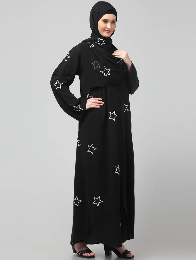all over and hijab star embroidery front open abaya