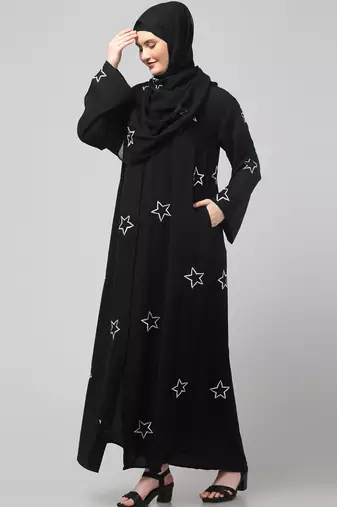 all over and hijab star embroidery front open abaya