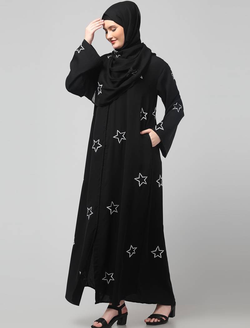 all over and hijab star embroidery front open abaya