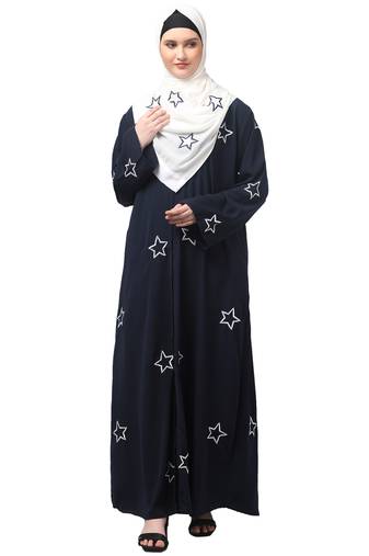 all over and hijab star embroidery front open abaya
