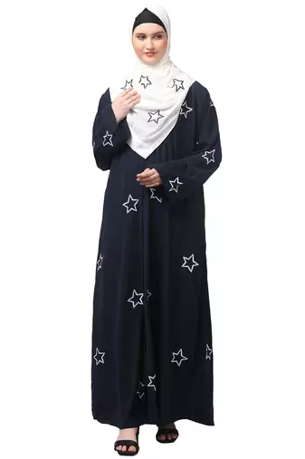 all over and hijab star embroidery front open abaya
