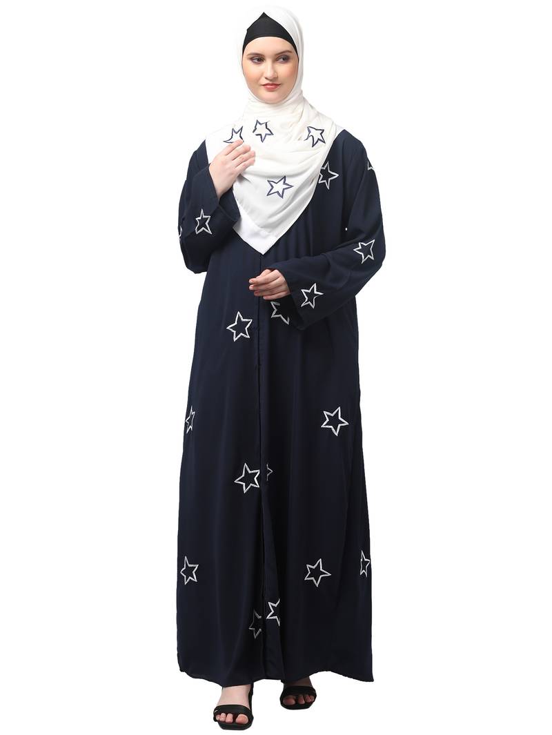 all over and hijab star embroidery front open abaya