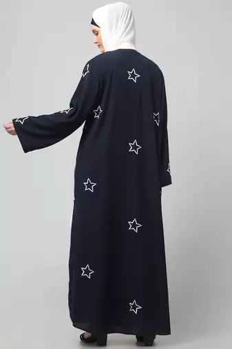 all over and hijab star embroidery front open abaya