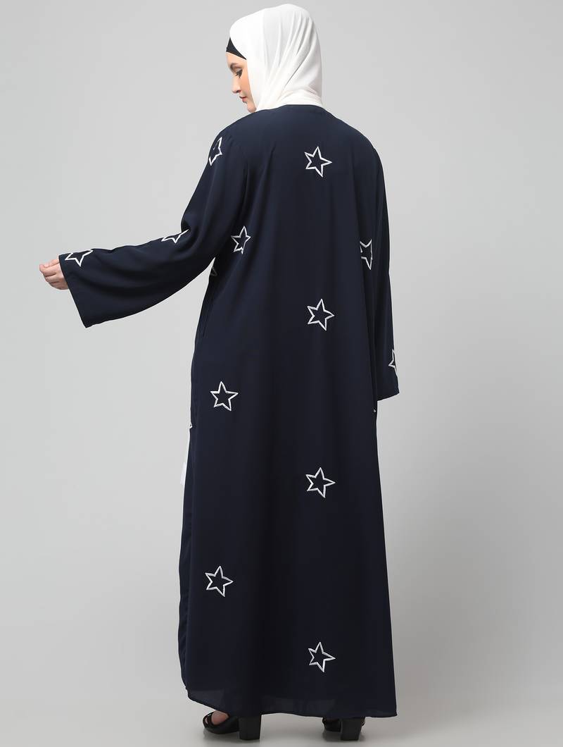 all over and hijab star embroidery front open abaya