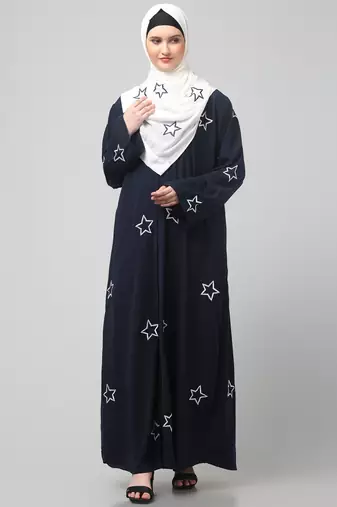 all over and hijab star embroidery front open abaya