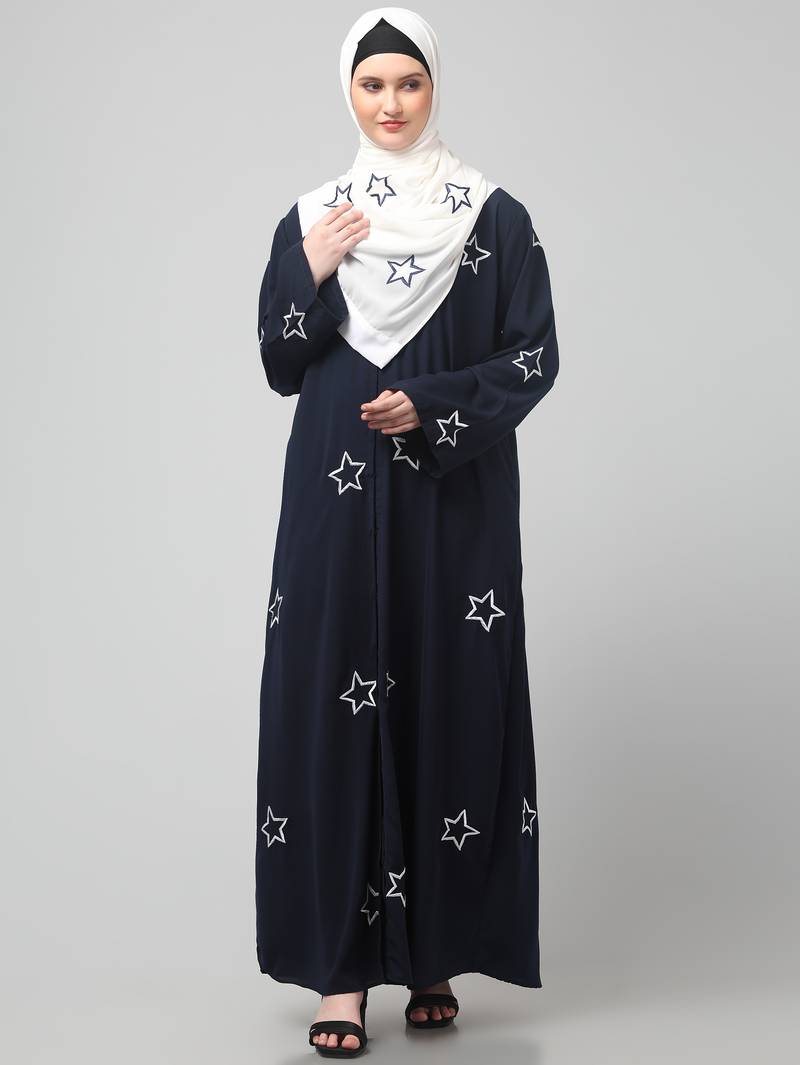 all over and hijab star embroidery front open abaya