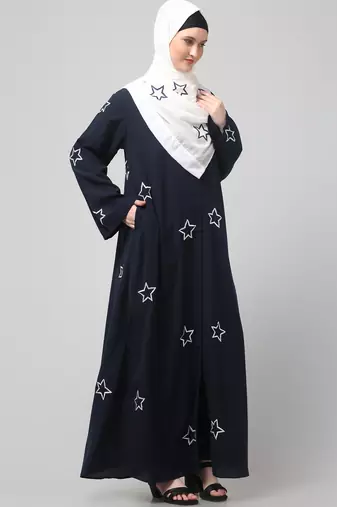 all over and hijab star embroidery front open abaya