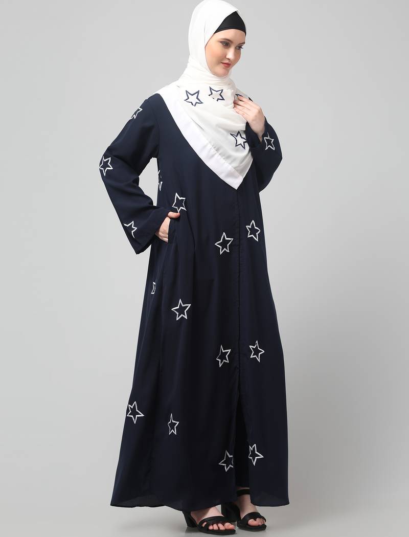 all over and hijab star embroidery front open abaya