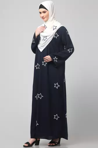 all over and hijab star embroidery front open abaya