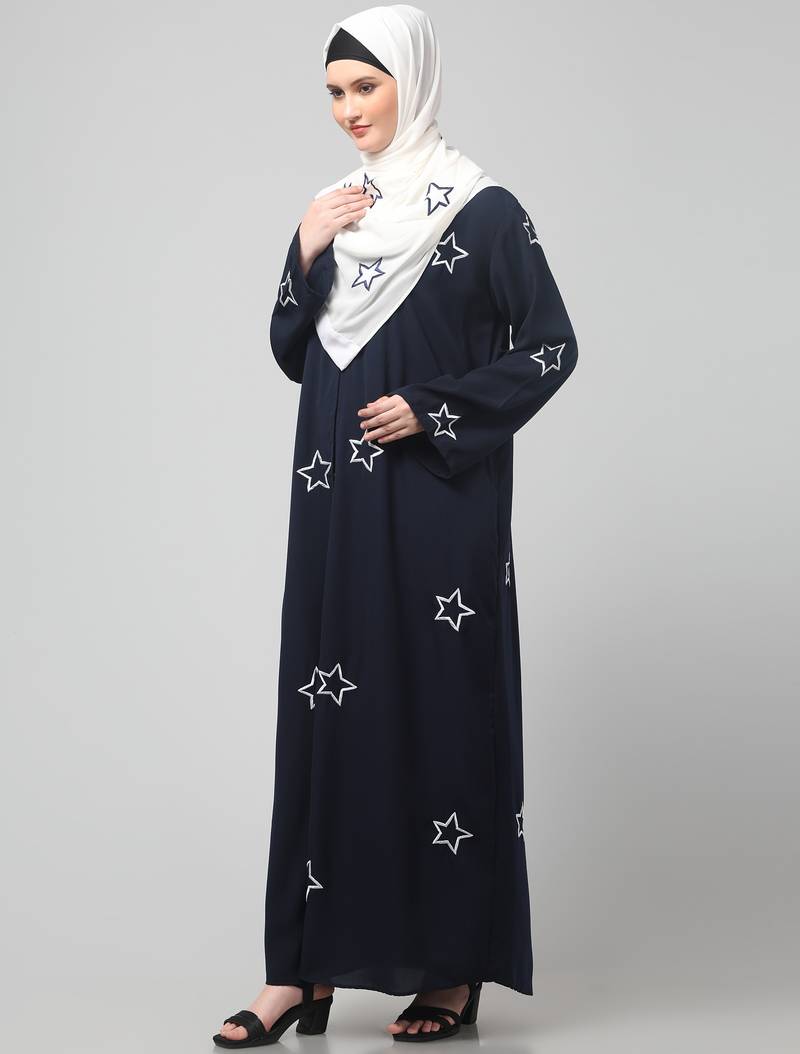 all over and hijab star embroidery front open abaya