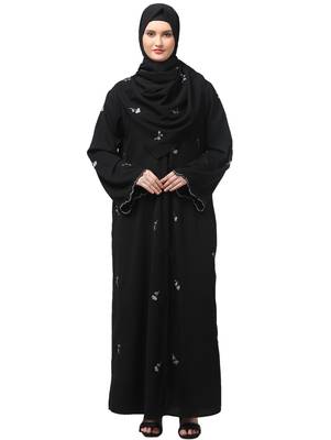 all over and hijab small flower embroidery front open abaya 1