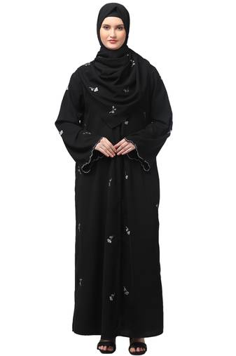 all over and hijab small flower embroidery front open abaya