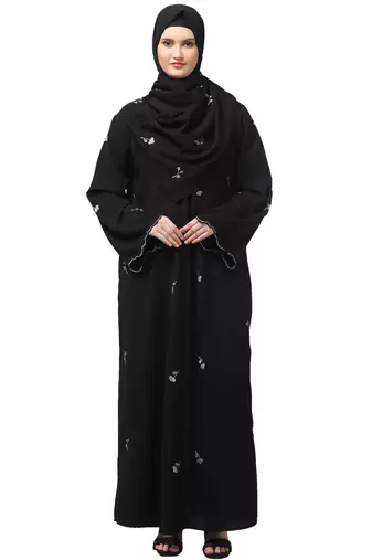 all over and hijab small flower embroidery front open abaya