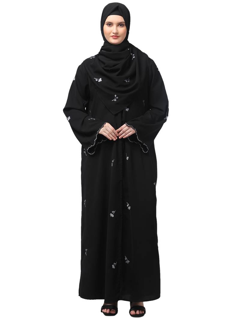 all over and hijab small flower embroidery front open abaya