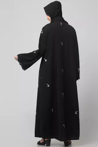 all over and hijab small flower embroidery front open abaya