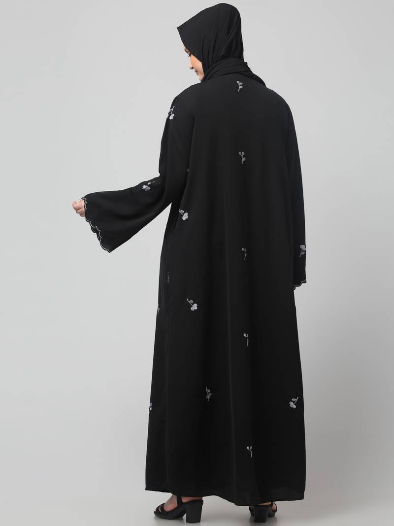 all over and hijab small flower embroidery front open abaya