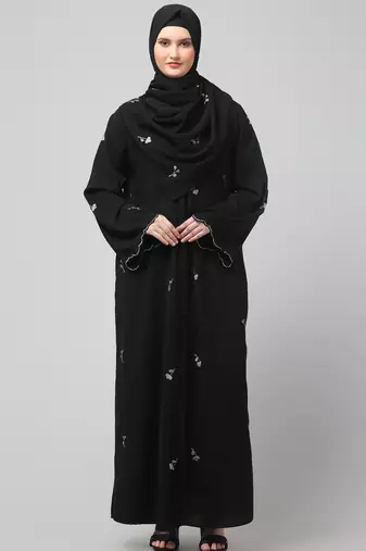 all over and hijab small flower embroidery front open abaya