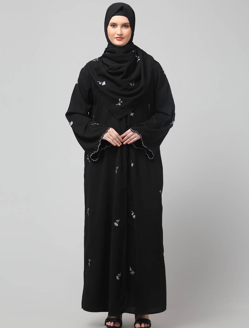 all over and hijab small flower embroidery front open abaya