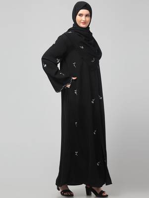 all over and hijab small flower embroidery front open abaya 4