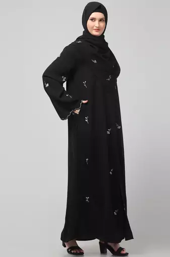 all over and hijab small flower embroidery front open abaya