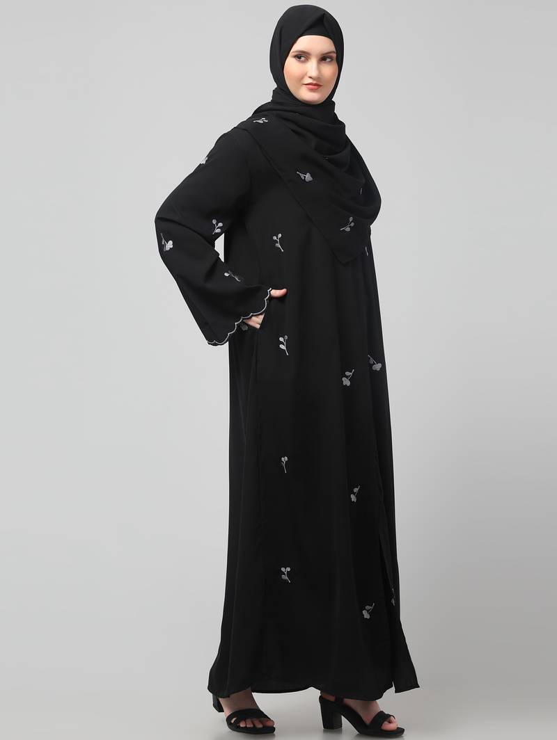 all over and hijab small flower embroidery front open abaya