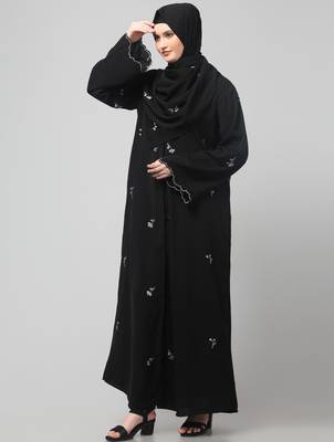 all over and hijab small flower embroidery front open abaya 5