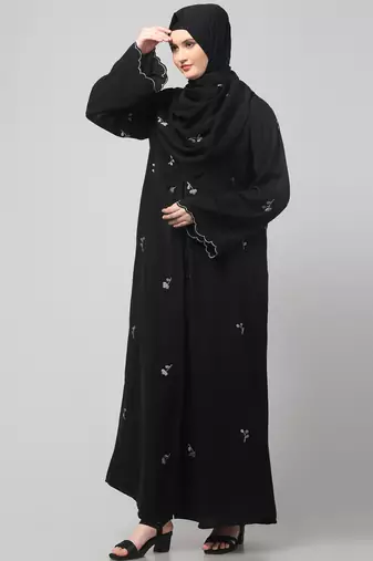 all over and hijab small flower embroidery front open abaya