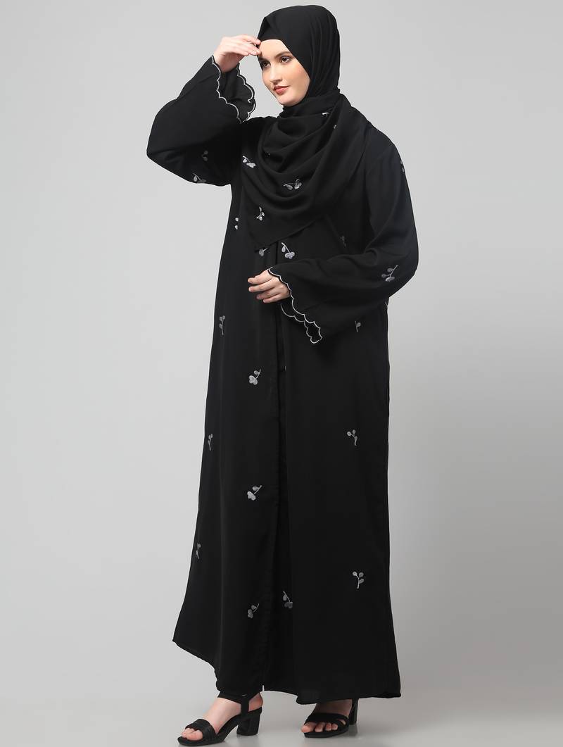 all over and hijab small flower embroidery front open abaya