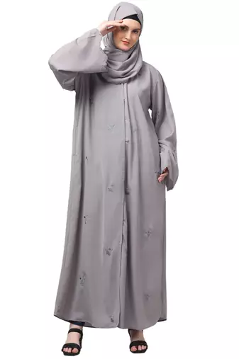 all over and hijab small flower embroidery front open abaya