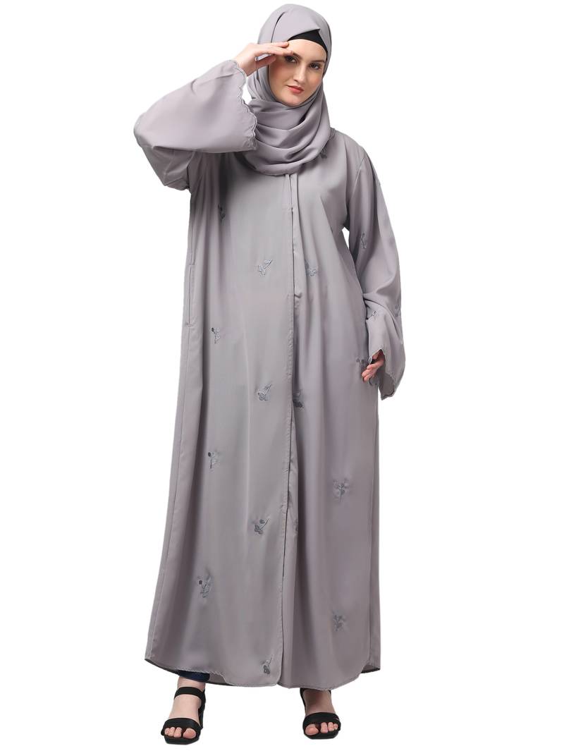 all over and hijab small flower embroidery front open abaya