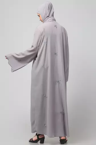 all over and hijab small flower embroidery front open abaya