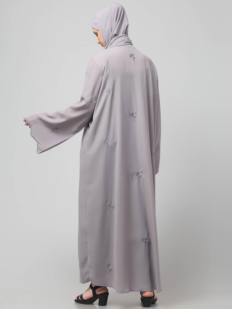 all over and hijab small flower embroidery front open abaya