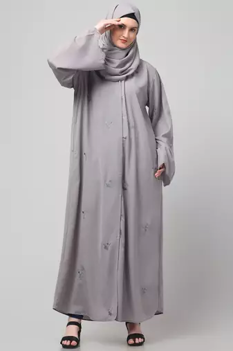 all over and hijab small flower embroidery front open abaya