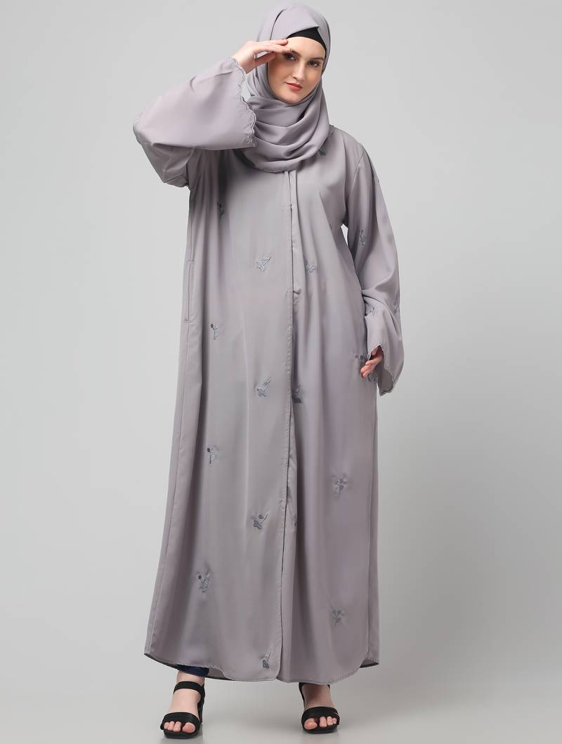 all over and hijab small flower embroidery front open abaya
