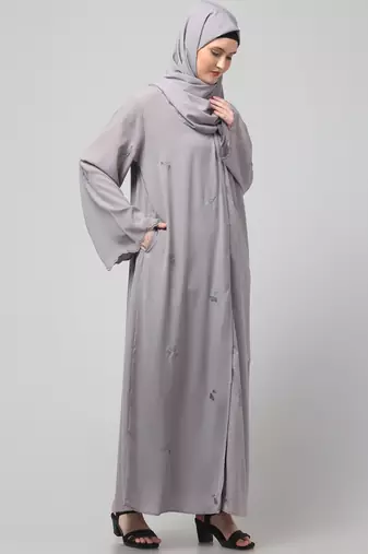all over and hijab small flower embroidery front open abaya