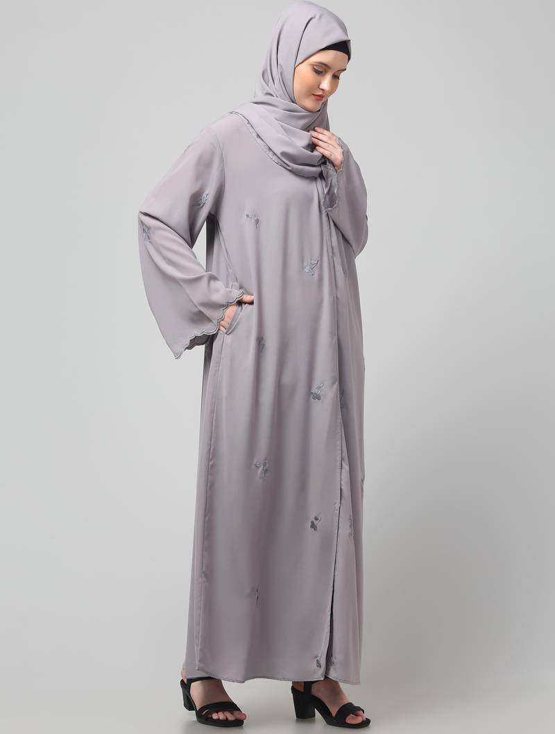 all over and hijab small flower embroidery front open abaya
