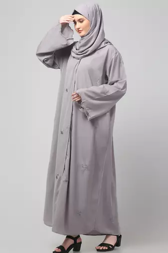 all over and hijab small flower embroidery front open abaya